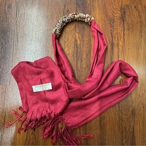 100% Pashmina Beaded Headband Scarf | Red Wrap
